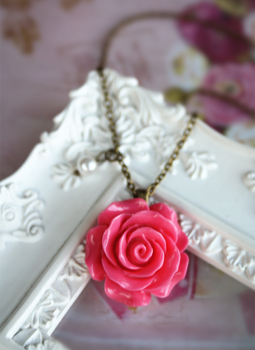 Rose Necklace, Fuchsia Pink Vintage Flower Charm Bronze Chain Accessory ...