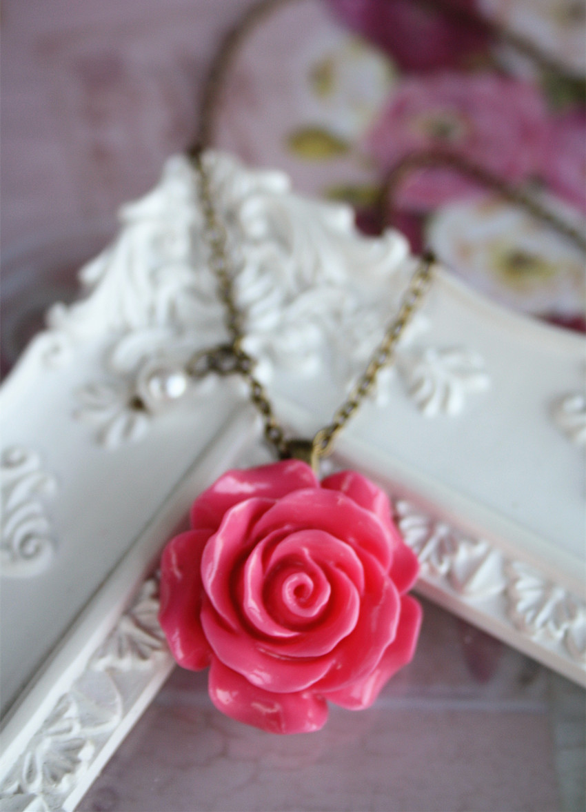 Rose Necklace, Fuchsia Pink Vintage Flower Charm Bronze Chain Accessory