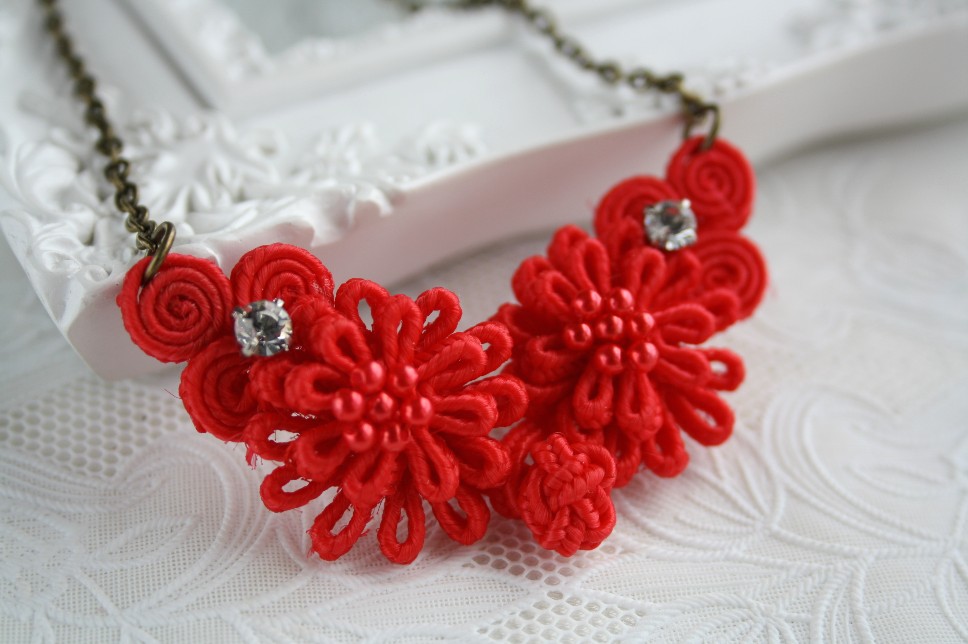 Chinese Knot Red Button Red Statement Necklace Oriental Crystal Antique Bronze Chain, Braided Fusion Inspired Retro Cute Jewellery Accessory