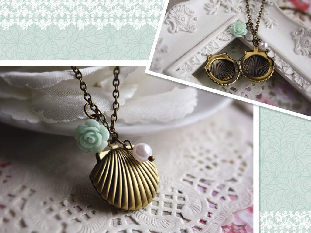Sea Shell Vintage Locket Charm Necklace Jewellery Nautical Mini Rose Flower Photo Precious Moment Pendant Bronze Retro Cute Accessory Gift Box